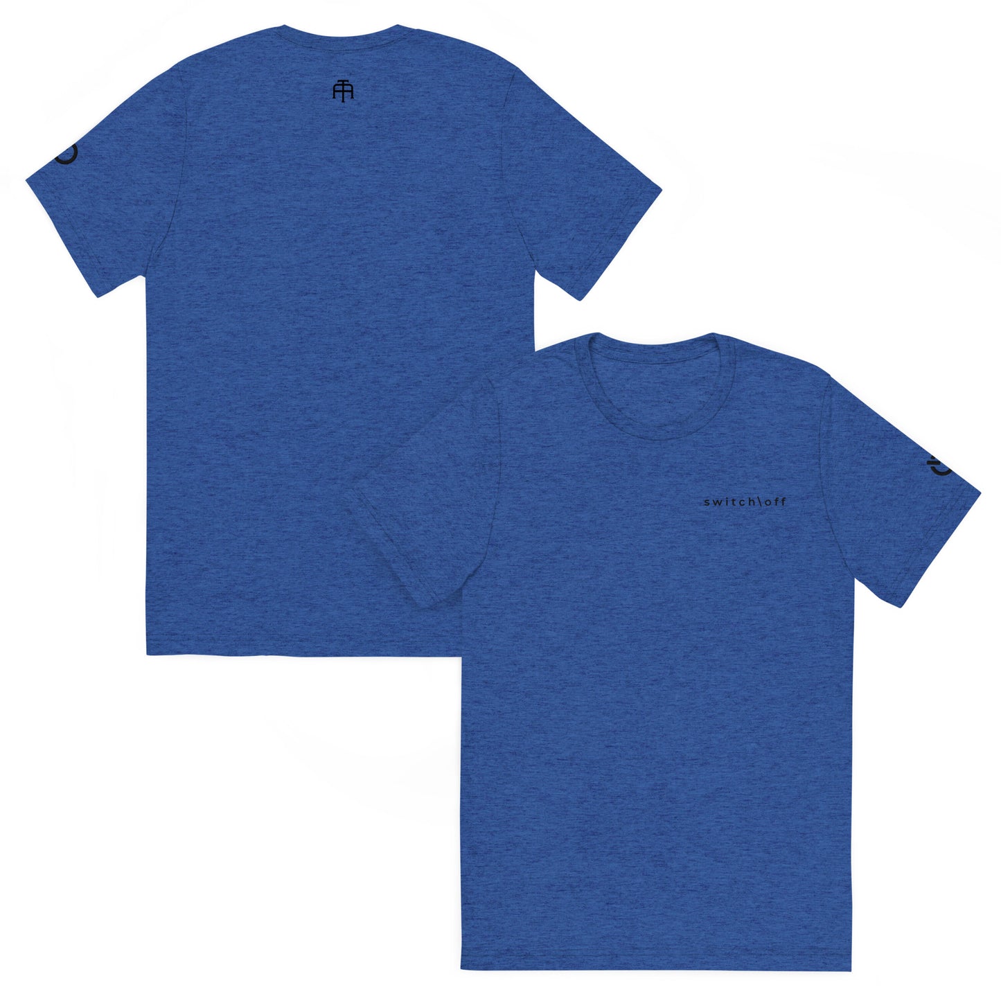 Fitted athletic tri-blend t-shirt in royal blue with black switch\off chest embroidery - An Athlete Trains. Front and back view