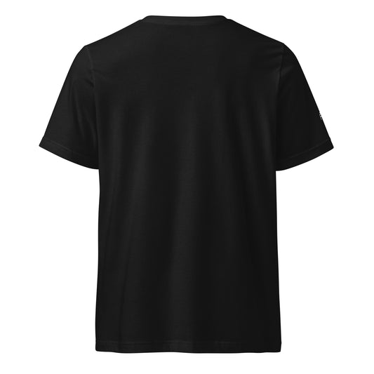 Unisex v-neck 100% combed cotton Pre-shrunk t-shirt in black with white switch\off and logo embroidery - An Athlete Trains