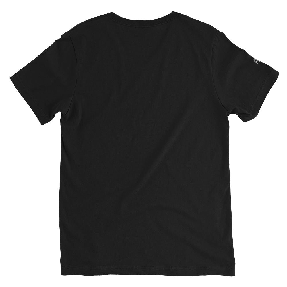 Unisex v-neck 100% combed cotton Pre-shrunk t-shirt in black with white switch\off and logo embroidery - An Athlete Trains