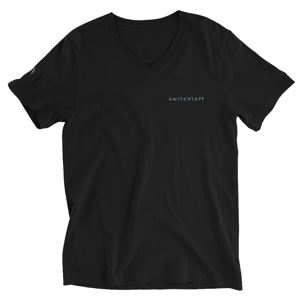 Unisex v-neck 100% combed cotton Pre-shrunk t-shirt in black with gray switch\off and logo embroidery - An Athlete Trains
