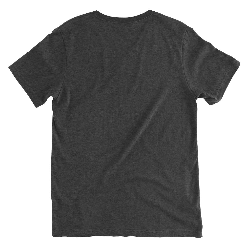Unisex v-neck 100% combed cotton Pre-shrunk t-shirt in dark athletic heather gray with black switch\off and logo embroidery - An Athlete Trains
