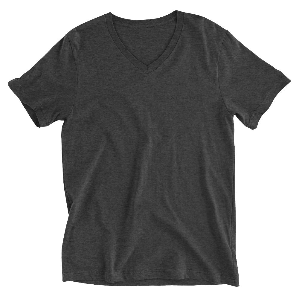 Unisex v-neck 100% combed cotton Pre-shrunk t-shirt in dark athletic heather gray with black switch\off and logo embroidery - An Athlete Trains