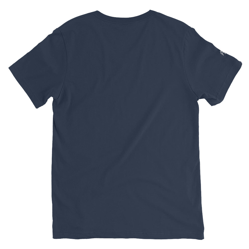 Unisex v-neck 100% combed cotton Pre-shrunk t-shirt in navy with white switch\off and logo embroidery - An Athlete Trains