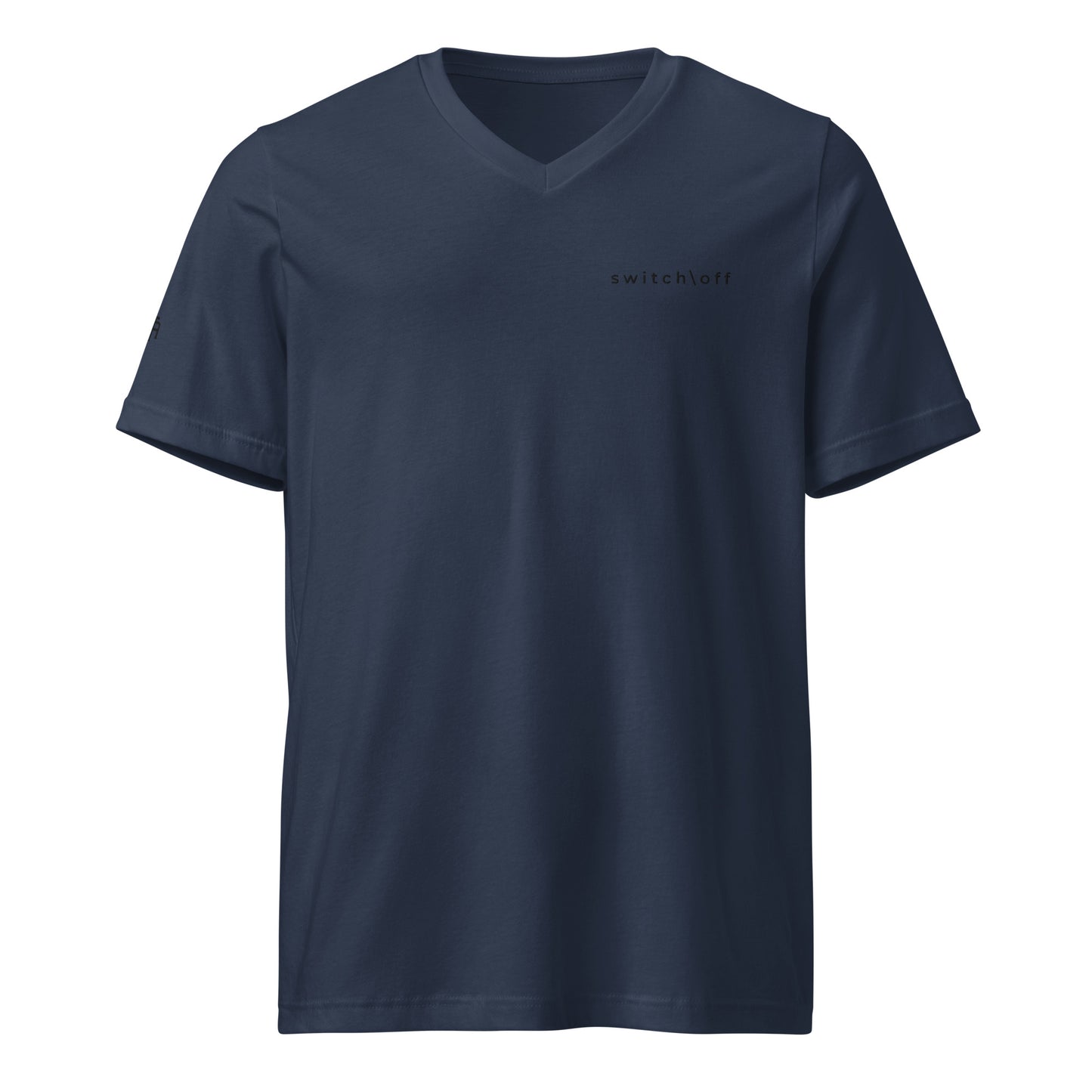 Unisex v-neck 100% combed cotton Pre-shrunk t-shirt in navy with black switch\off and logo embroidery - An Athlete Trains