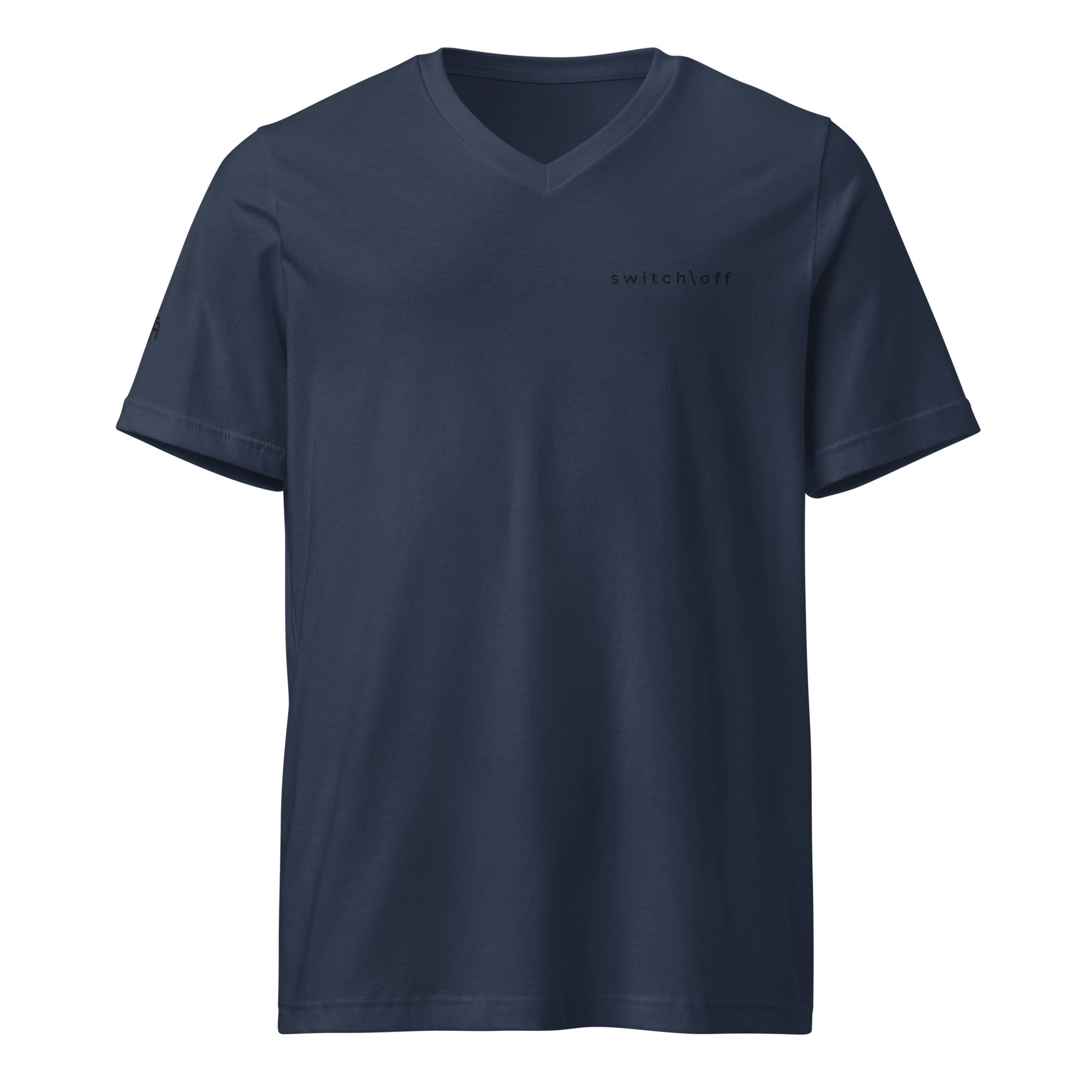 Unisex v-neck 100% combed cotton Pre-shrunk t-shirt in navy with black switch\off and logo embroidery - An Athlete Trains