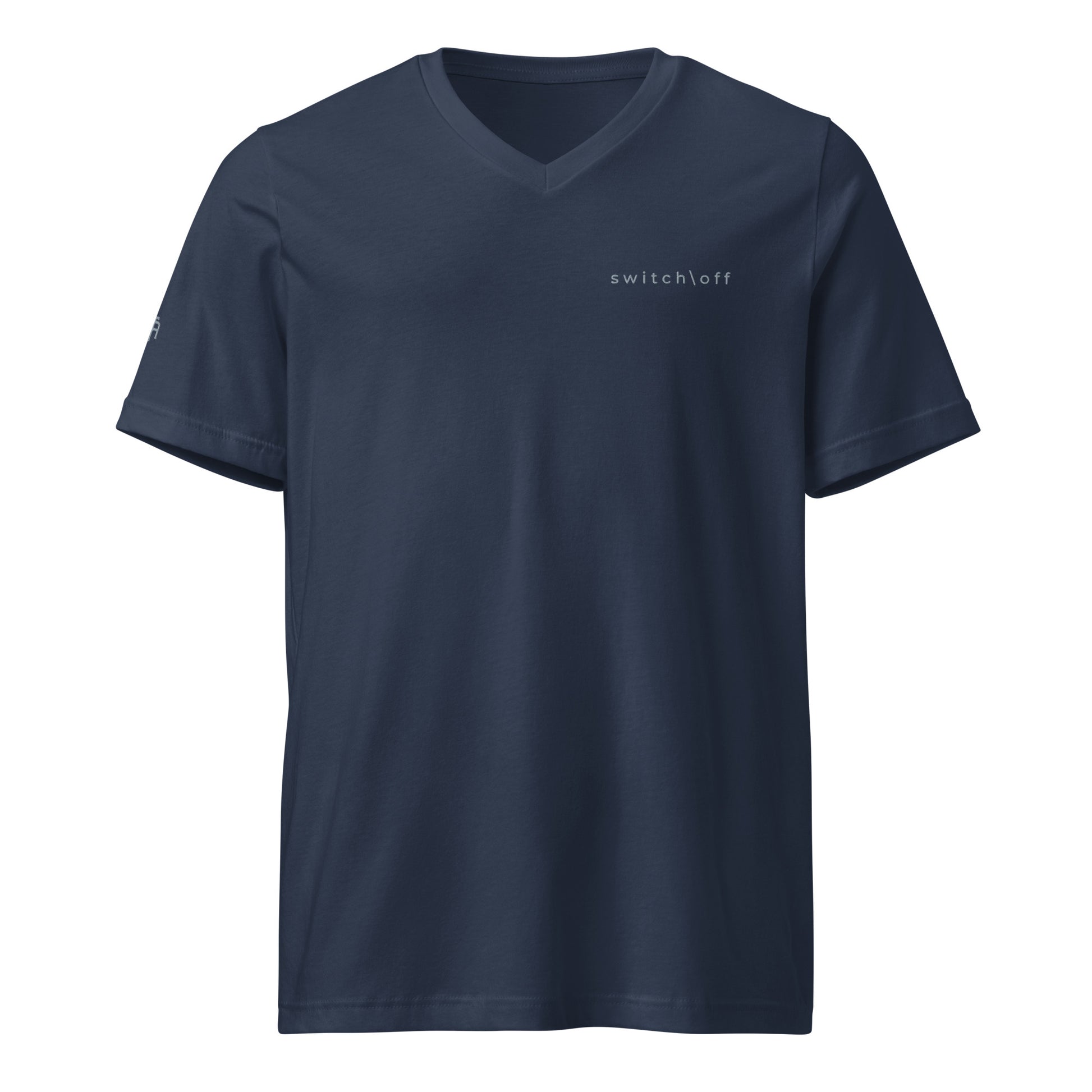 Unisex v-neck 100% combed cotton Pre-shrunk t-shirt in navy with gray switch\off and logo embroidery - An Athlete Trains
