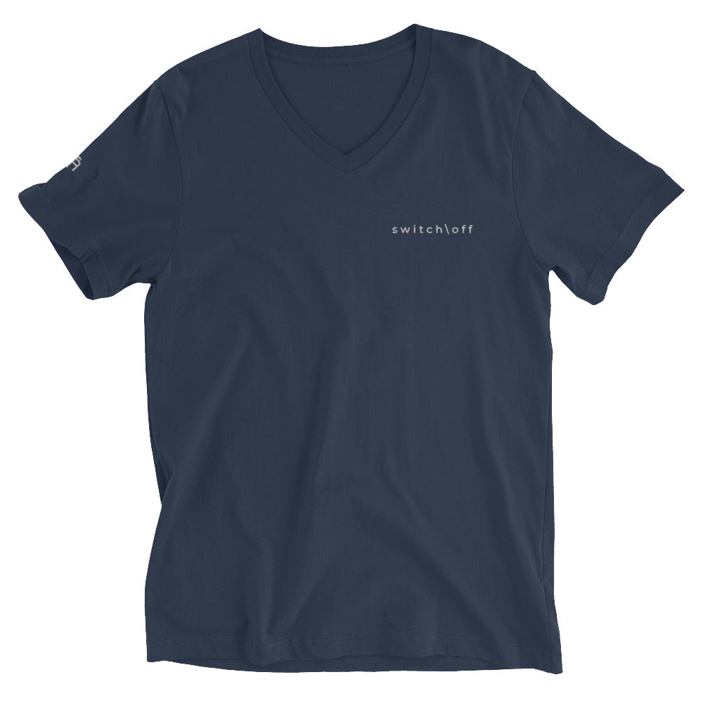 Unisex v-neck 100% combed cotton Pre-shrunk t-shirt in navy with white switch\off and logo embroidery - An Athlete Trains