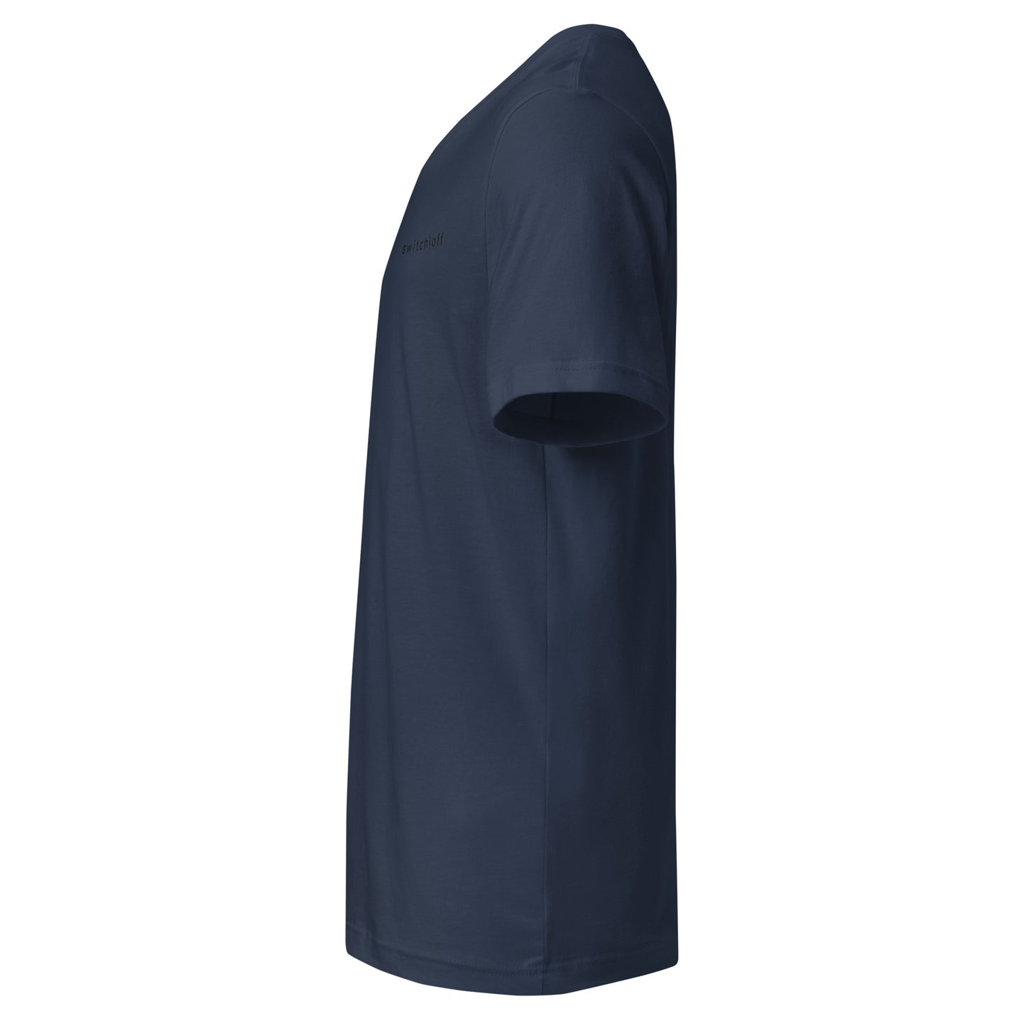 Unisex v-neck 100% combed cotton Pre-shrunk t-shirt in navy with black switch\off and logo embroidery - An Athlete Trains