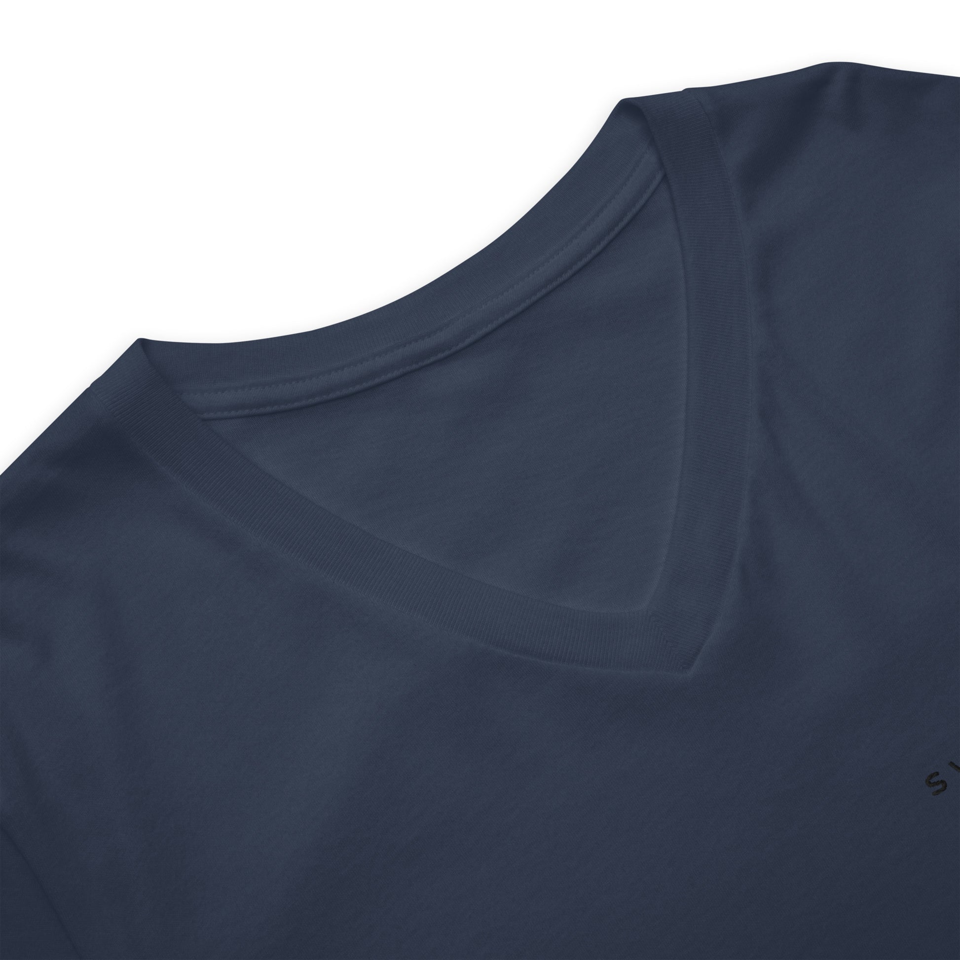 Unisex v-neck 100% combed cotton Pre-shrunk t-shirt in navy with black switch\off and logo embroidery - An Athlete Trains