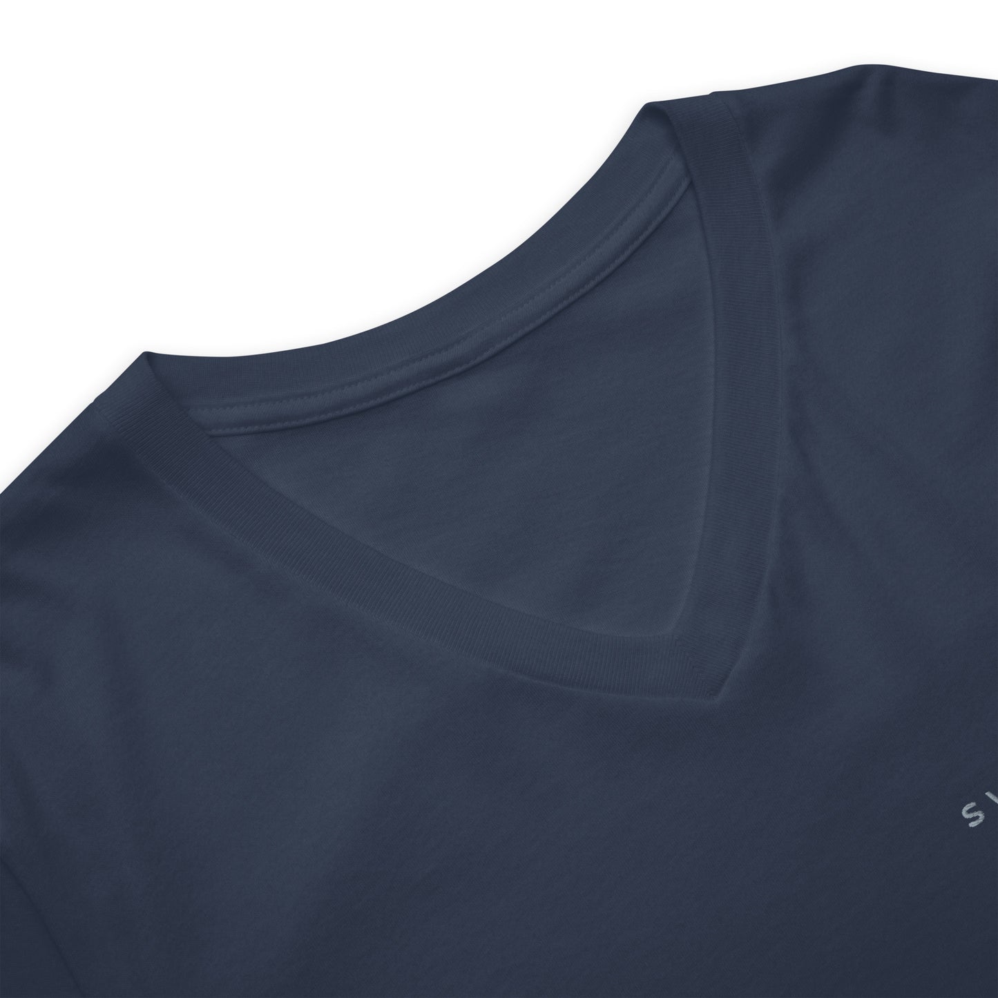 Unisex v-neck 100% combed cotton Pre-shrunk t-shirt in navy with gray switch\off and logo embroidery - An Athlete Trains