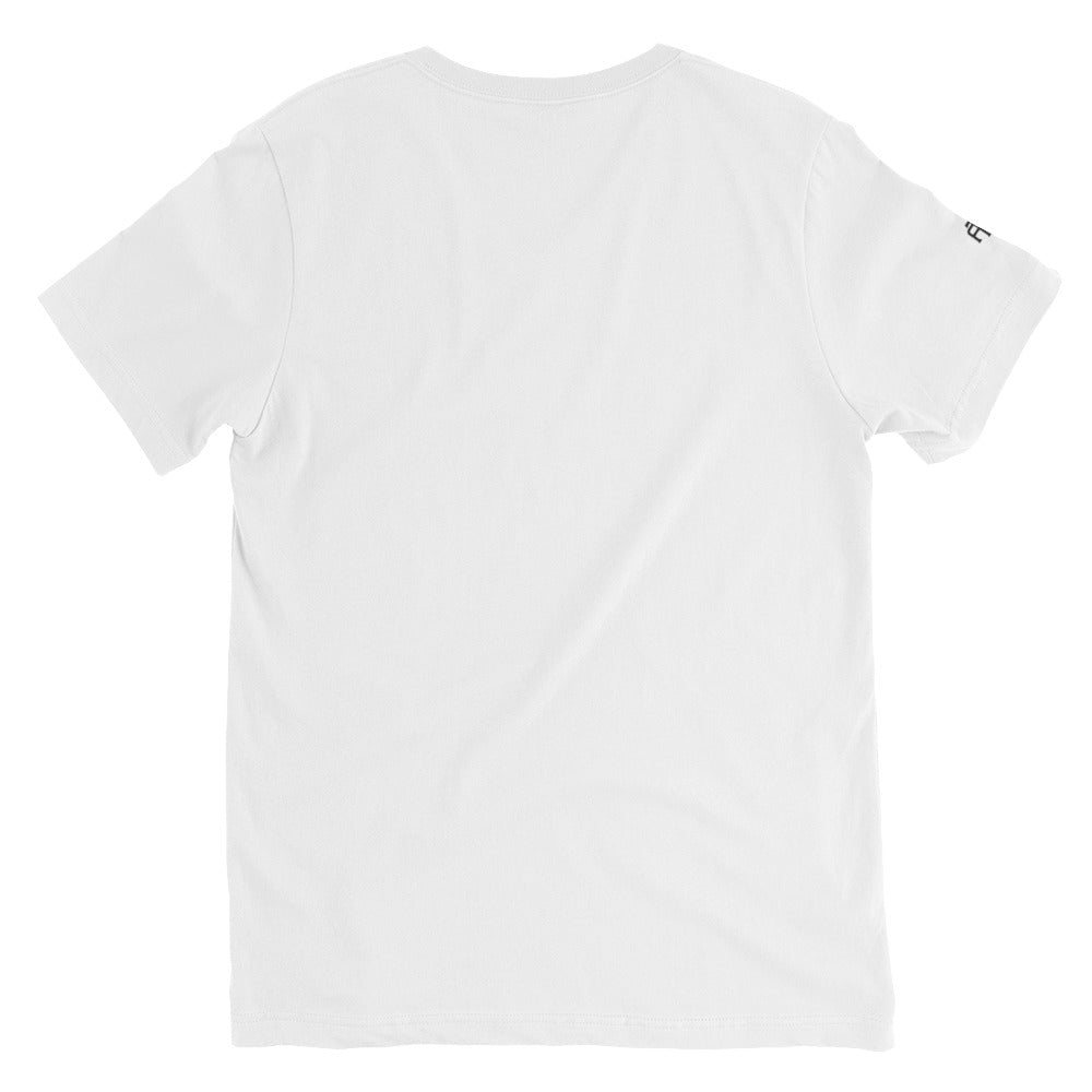 Unisex v-neck 100% combed cotton Pre-shrunk t-shirt in white with black switch\off and logo embroidery - An Athlete Trains