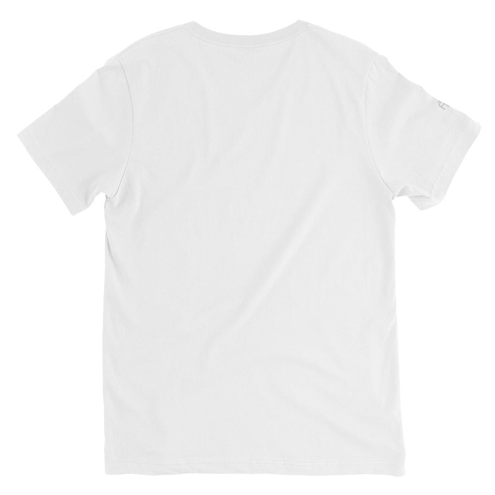 Unisex v-neck 100% combed cotton Pre-shrunk t-shirt in white with white switch\off and logo embroidery - An Athlete Trains