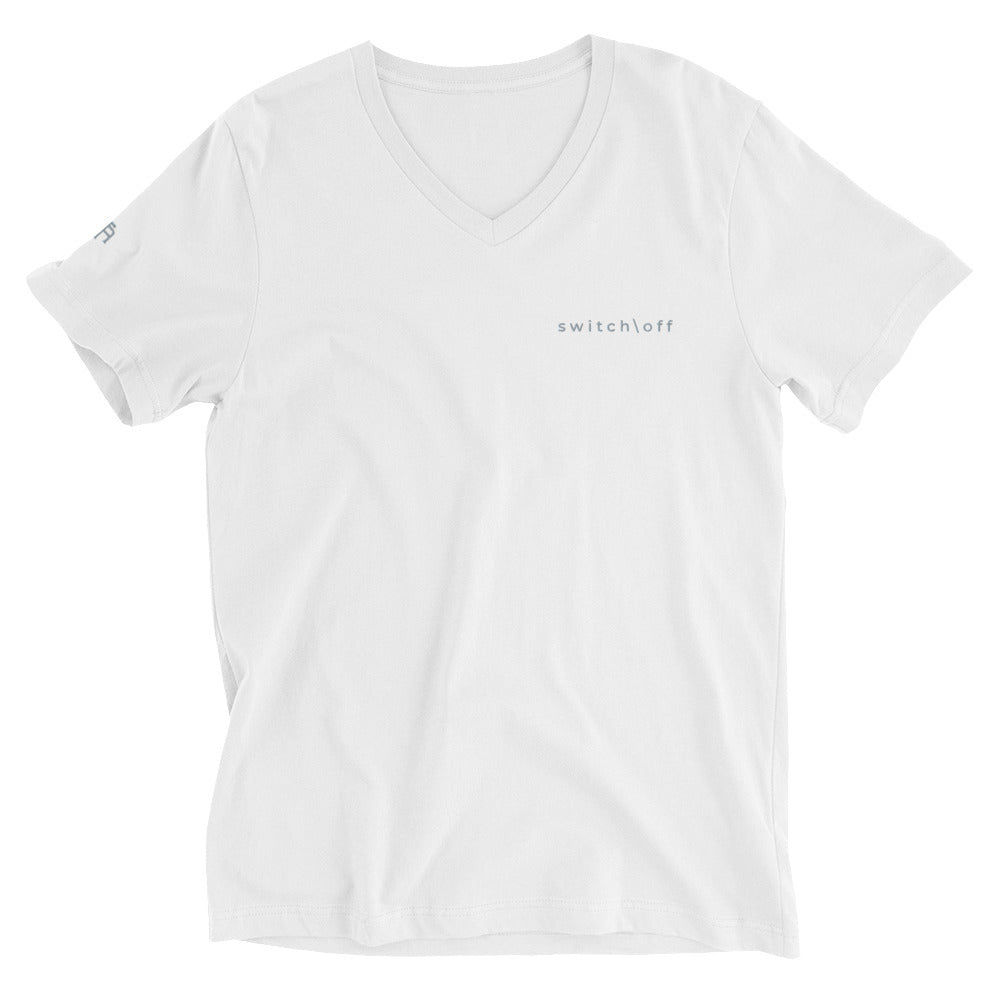 Unisex v-neck 100% combed cotton Pre-shrunk t-shirt in white with gray switch\off and logo embroidery - An Athlete Trains