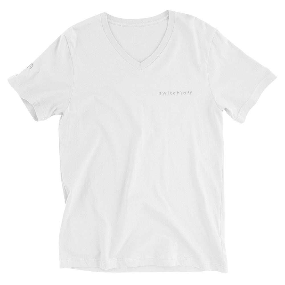 Unisex v-neck 100% combed cotton Pre-shrunk t-shirt in white with white switch\off and logo embroidery - An Athlete Trains