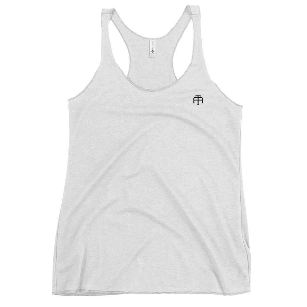 A soft, lightweight, and form-fitting heather white racerback tank top with a flattering cut made of polyester, combed ring-spun cotton, and rayon, by An Athlete Trains