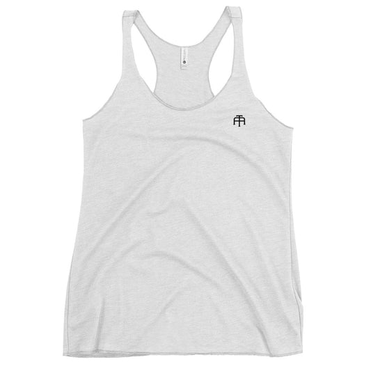 A soft, lightweight, and form-fitting heather white racerback tank top with a flattering cut made of polyester, combed ring-spun cotton, and rayon, by An Athlete Trains