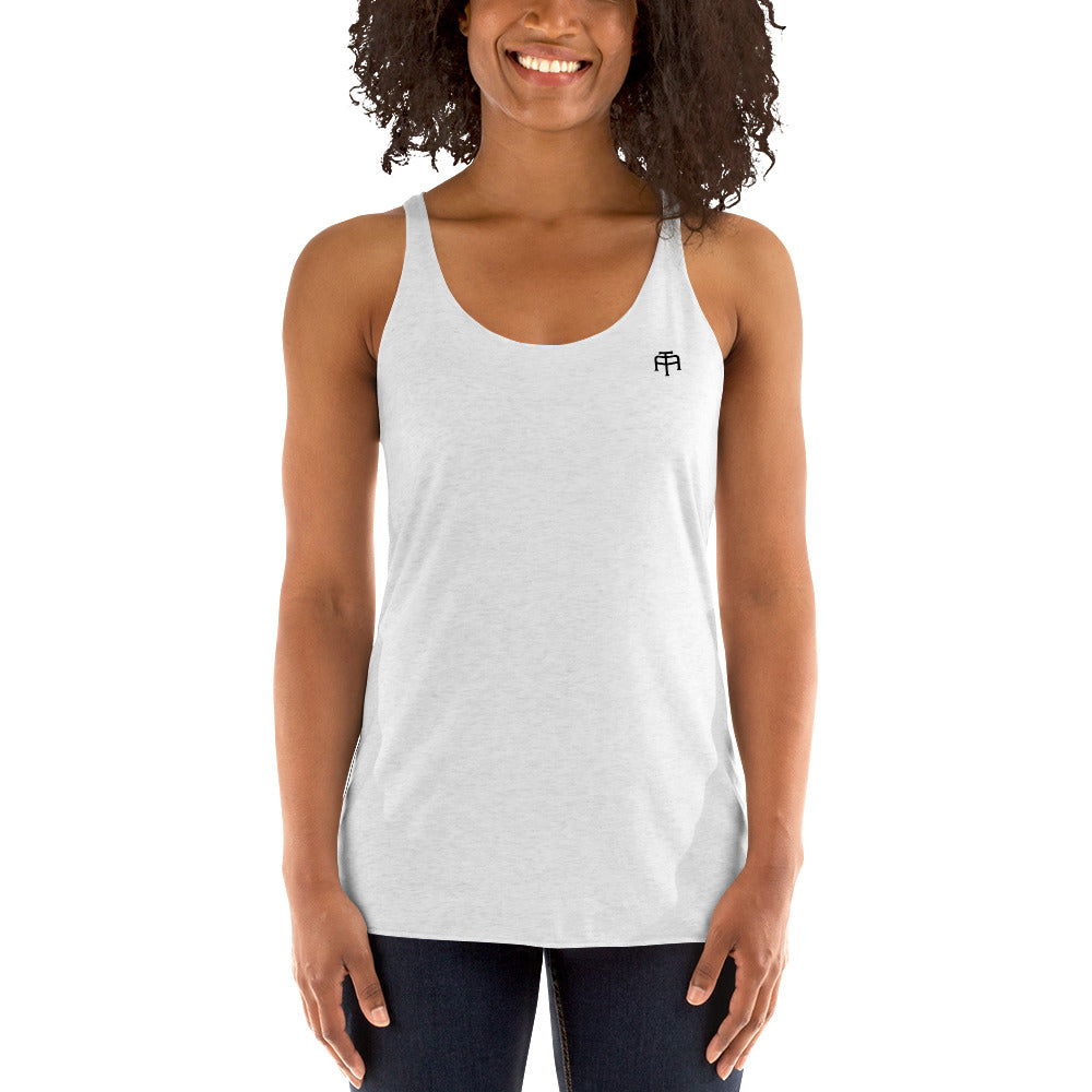 A soft, lightweight, and form-fitting tank top with a flattering cut made of polyester, combed ring-spun cotton, and rayon, by An Athlete Trains