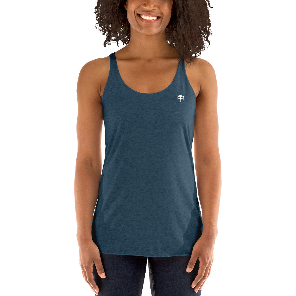 A soft, lightweight, and form-fitting racerback tank top with a flattering cut made of polyester, combed ring-spun cotton, and rayon, by An Athlete Trains