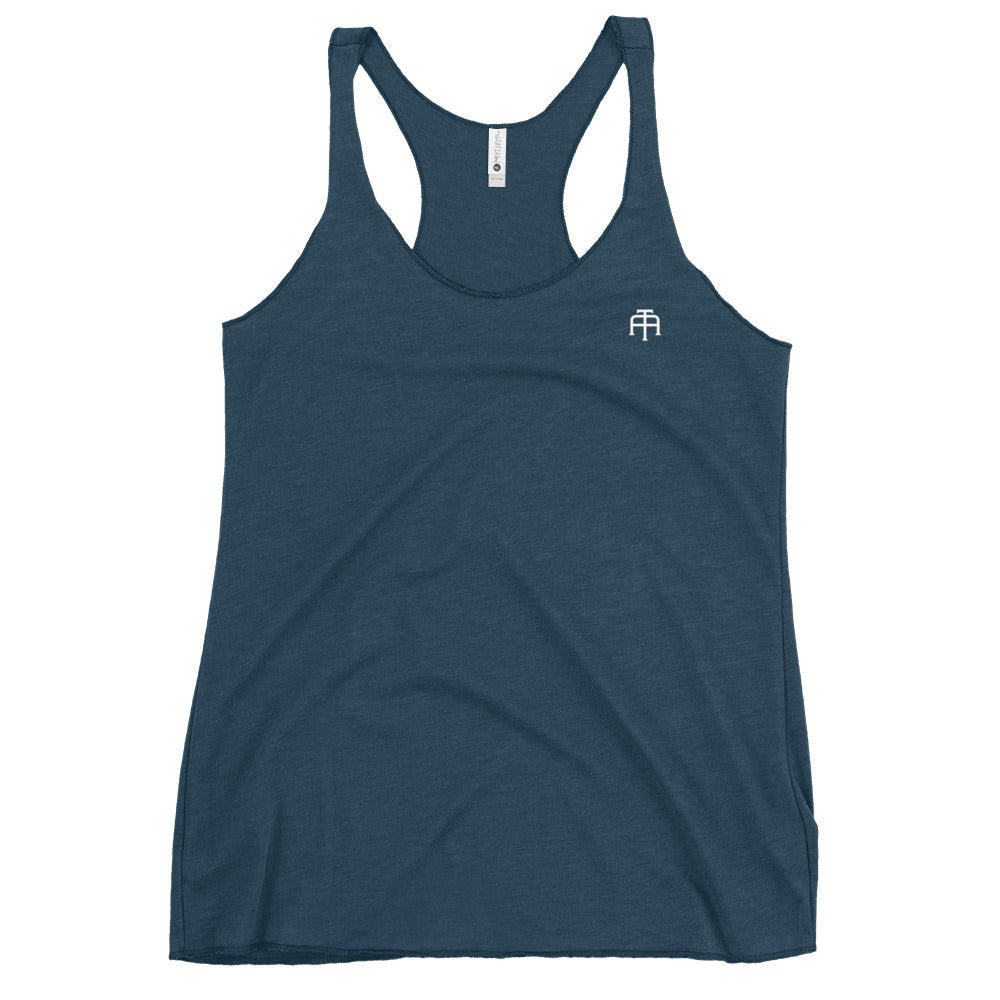 A soft, lightweight, and form-fitting indigo racerback tank top with a flattering cut made of polyester, combed ring-spun cotton, and rayon, by An Athlete Trains