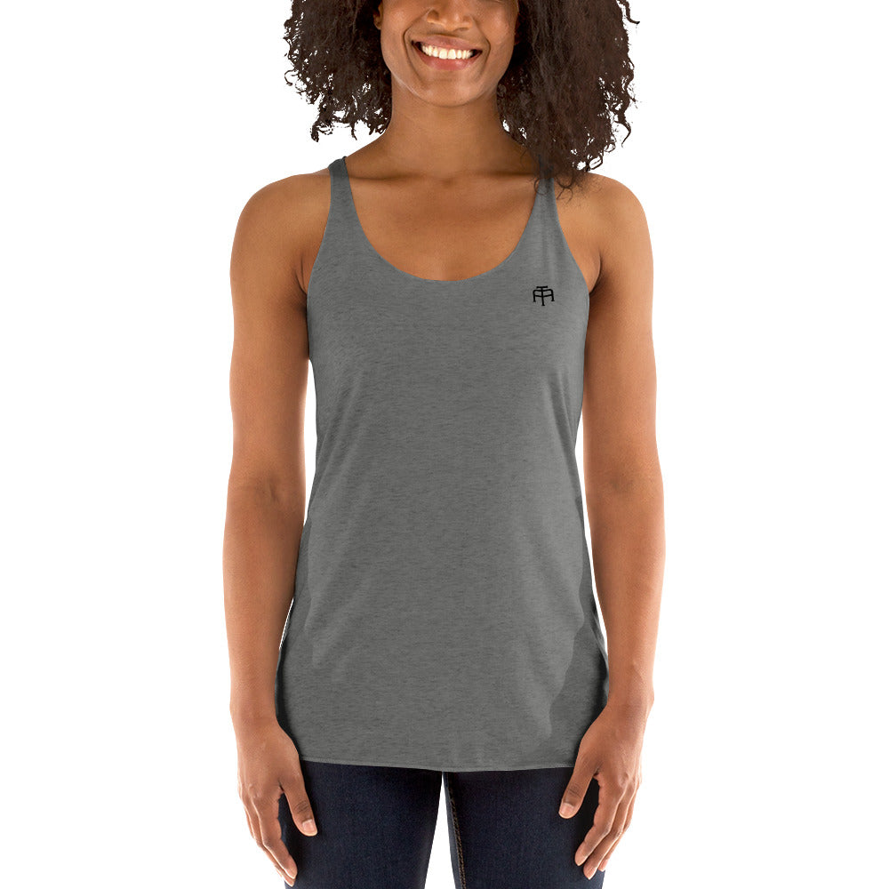 A soft, lightweight, and form-fitting tank top with a flattering cut made of polyester, combed ring-spun cotton, and rayon, by An Athlete Trains