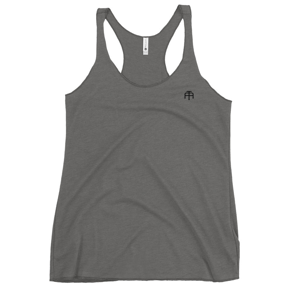 A soft, lightweight, and form-fitting heather gray racerback tank top with a flattering cut made of polyester, combed ring-spun cotton, and rayon, by An Athlete Trains