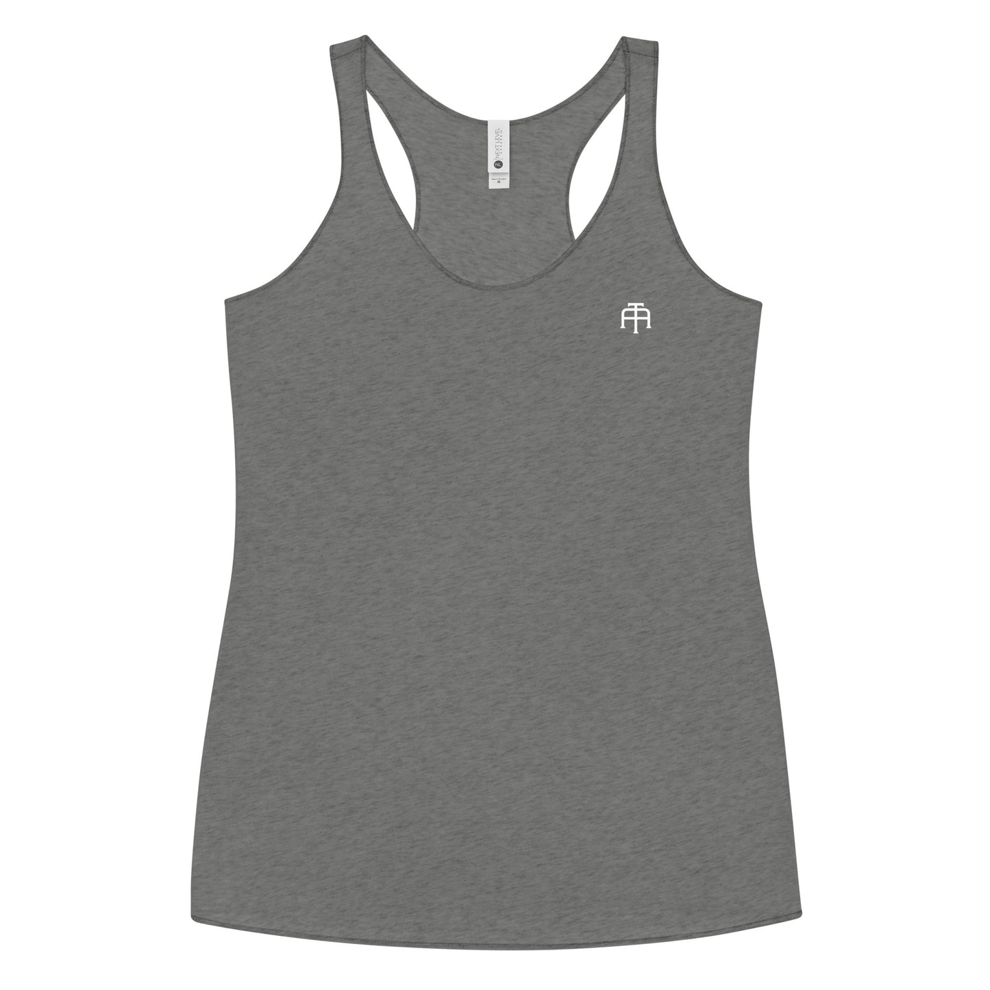 A soft, lightweight, and form-fitting racerback tank top with a flattering cut made of polyester, combed ring-spun cotton, and rayon, by An Athlete Trains