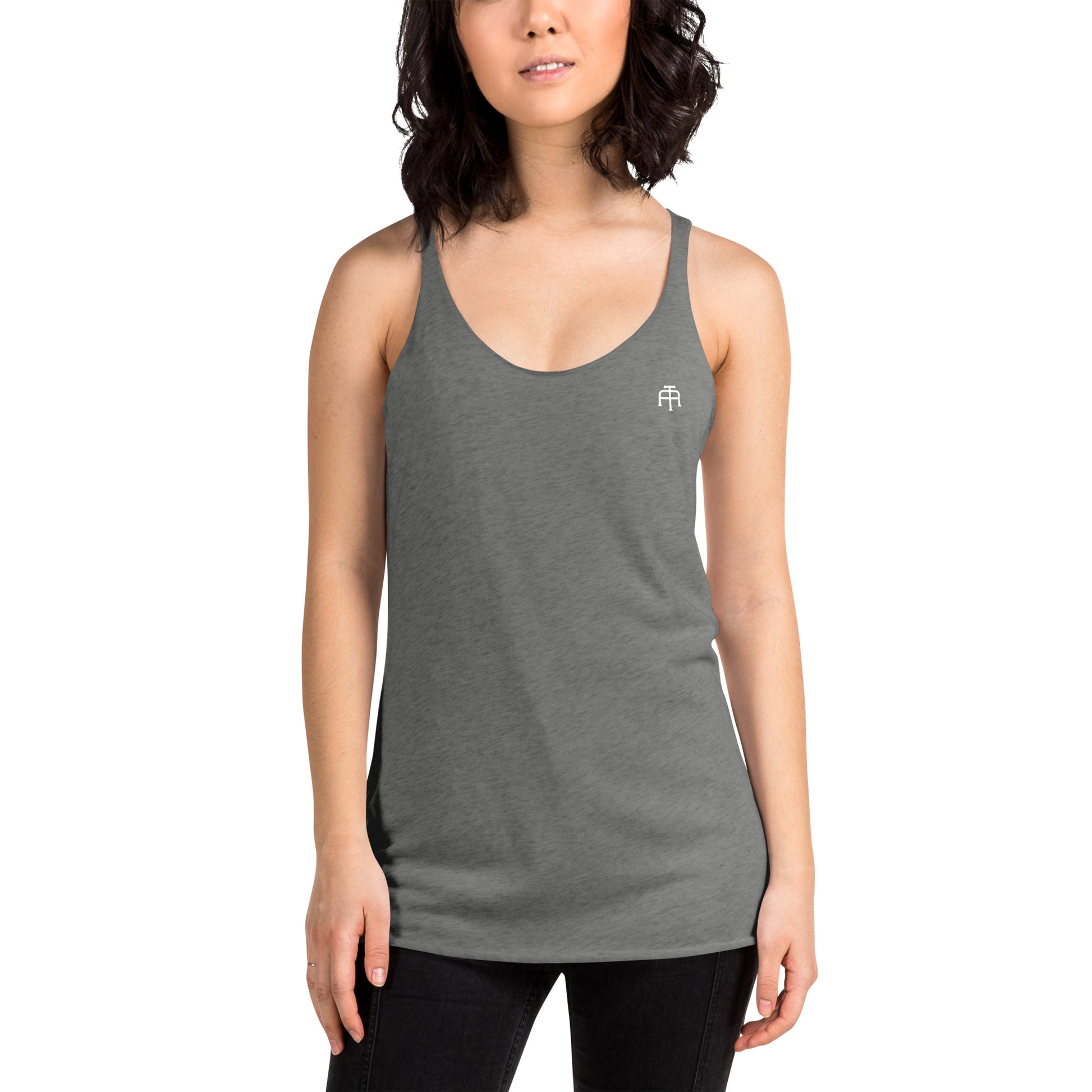 A soft, lightweight, and form-fitting racerback tank top with a flattering cut made of polyester, combed ring-spun cotton, and rayon, by An Athlete Trains