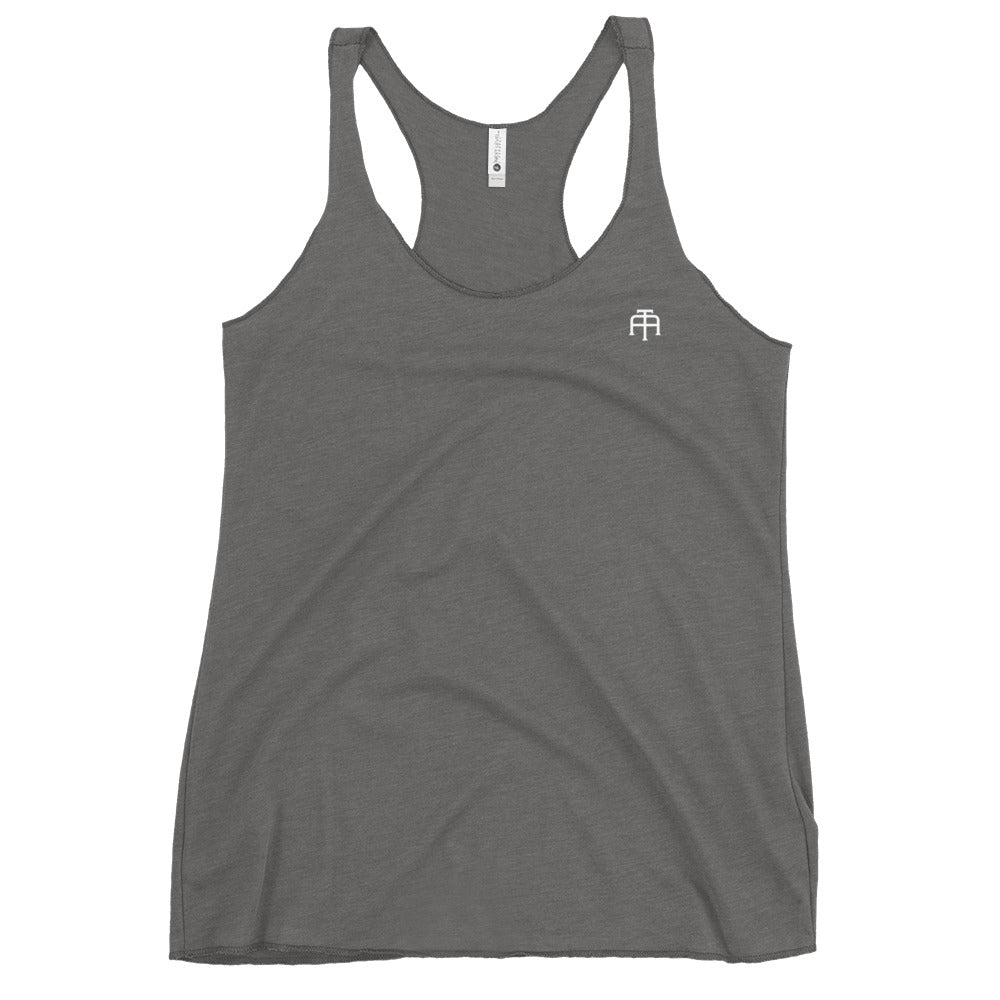 A soft, lightweight, and form-fitting heather gray racerback tank top with a flattering cut made of polyester, combed ring-spun cotton, and rayon, by An Athlete Trains