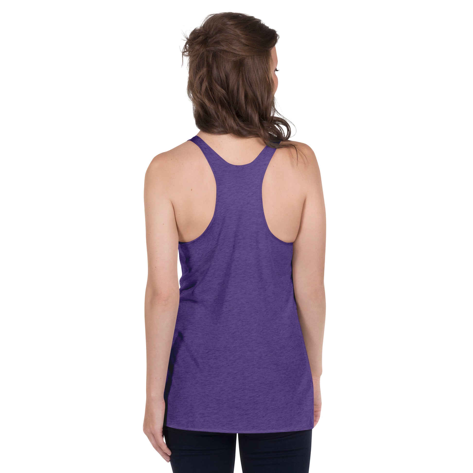 A soft, lightweight, and form-fitting racerback tank top with a flattering cut made of polyester, combed ring-spun cotton, and rayon, by An Athlete Trains