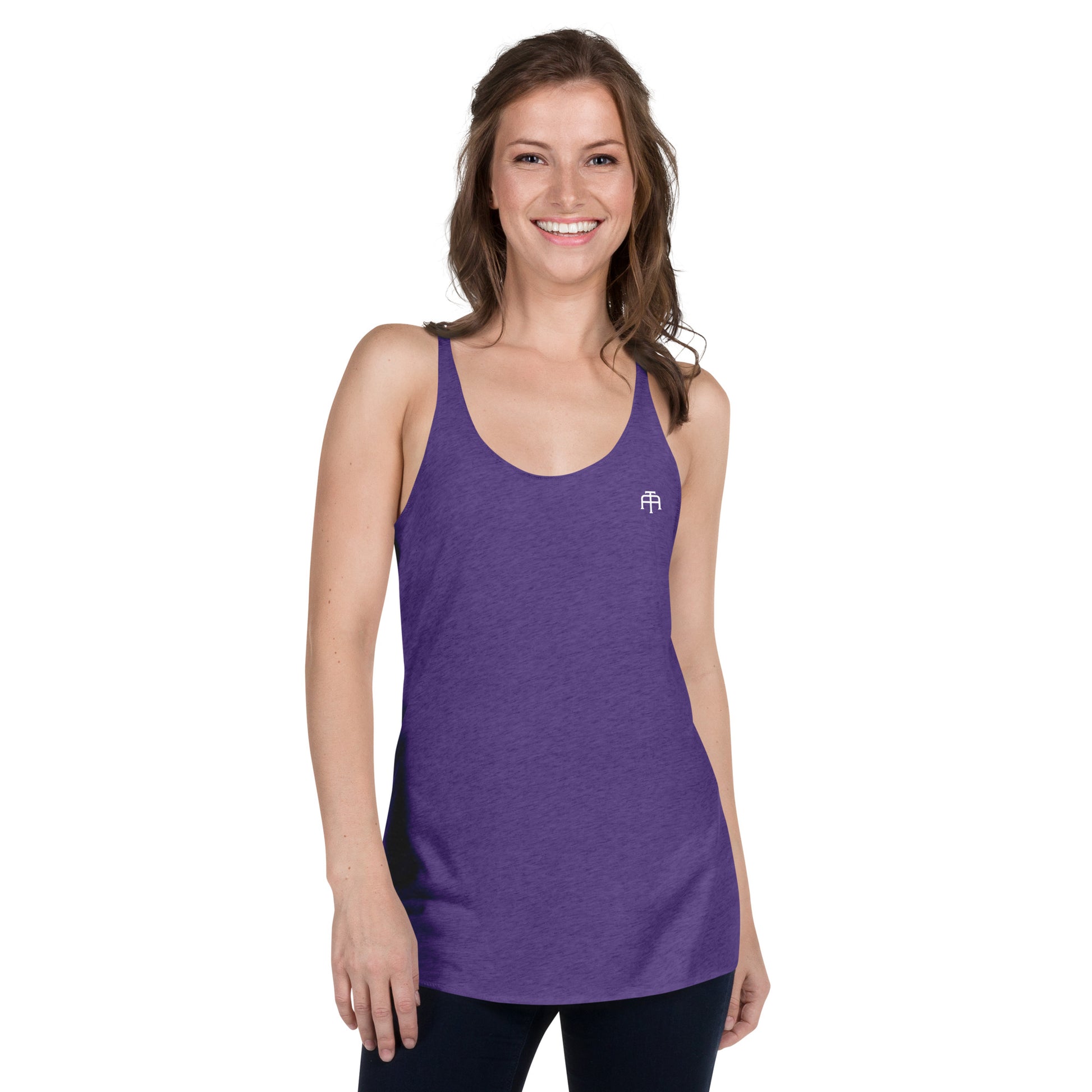 A soft, lightweight, and form-fitting racerback tank top with a flattering cut made of polyester, combed ring-spun cotton, and rayon, by An Athlete Trains