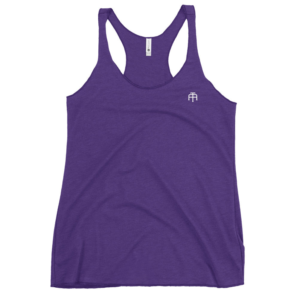 A soft, lightweight, and form-fitting purple racerback tank top with a flattering cut made of polyester, combed ring-spun cotton, and rayon, by An Athlete Trains