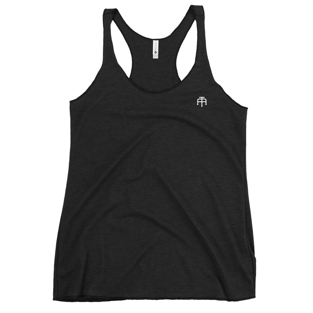 A soft, lightweight, and form-fitting black racerback tank top with a flattering cut made of polyester, combed ring-spun cotton, and rayon, by An Athlete Trains