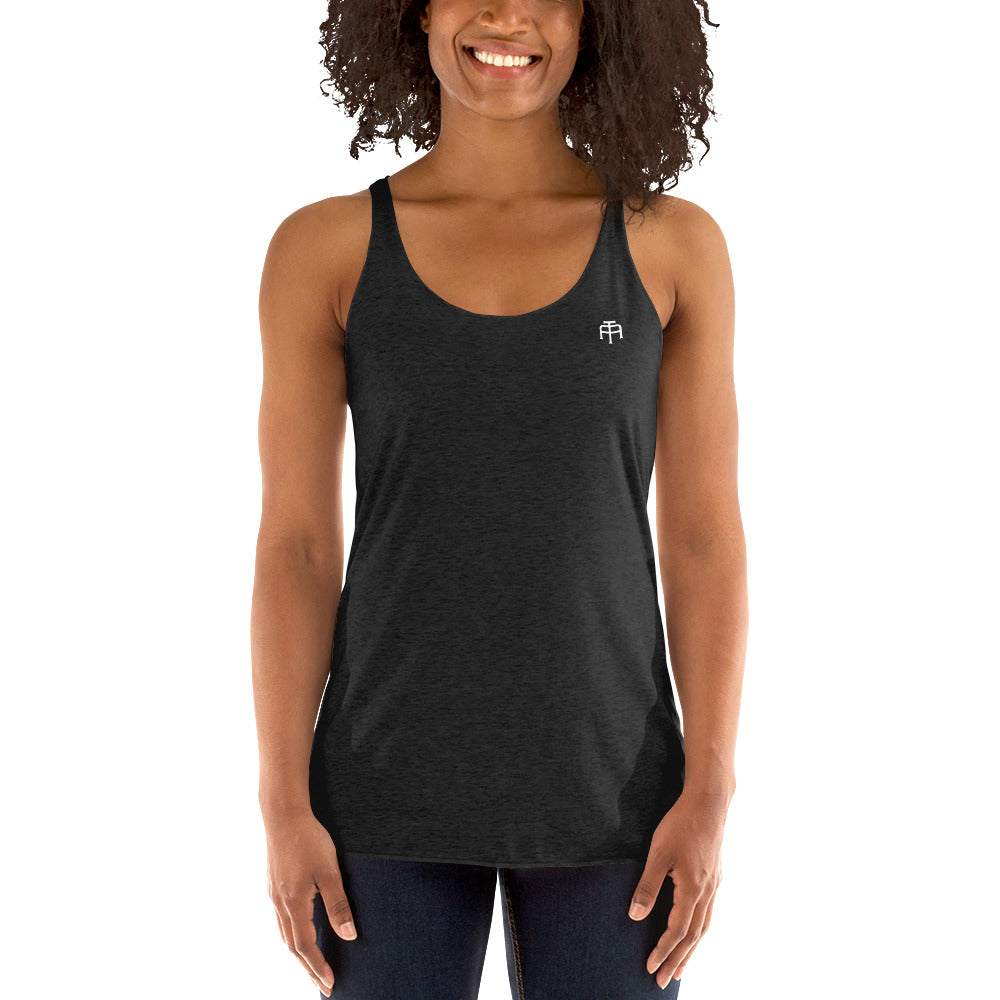 A soft, lightweight, and form-fitting racerback tank top with a flattering cut made of polyester, combed ring-spun cotton, and rayon, by An Athlete Trains