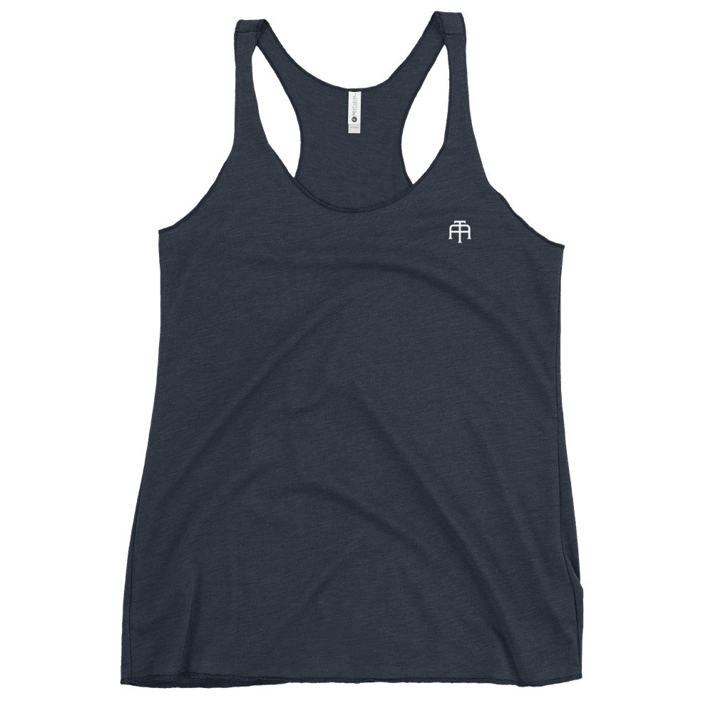 A soft, lightweight, and form-fitting navy racerback tank top with a flattering cut made of polyester, combed ring-spun cotton, and rayon, by An Athlete Trains