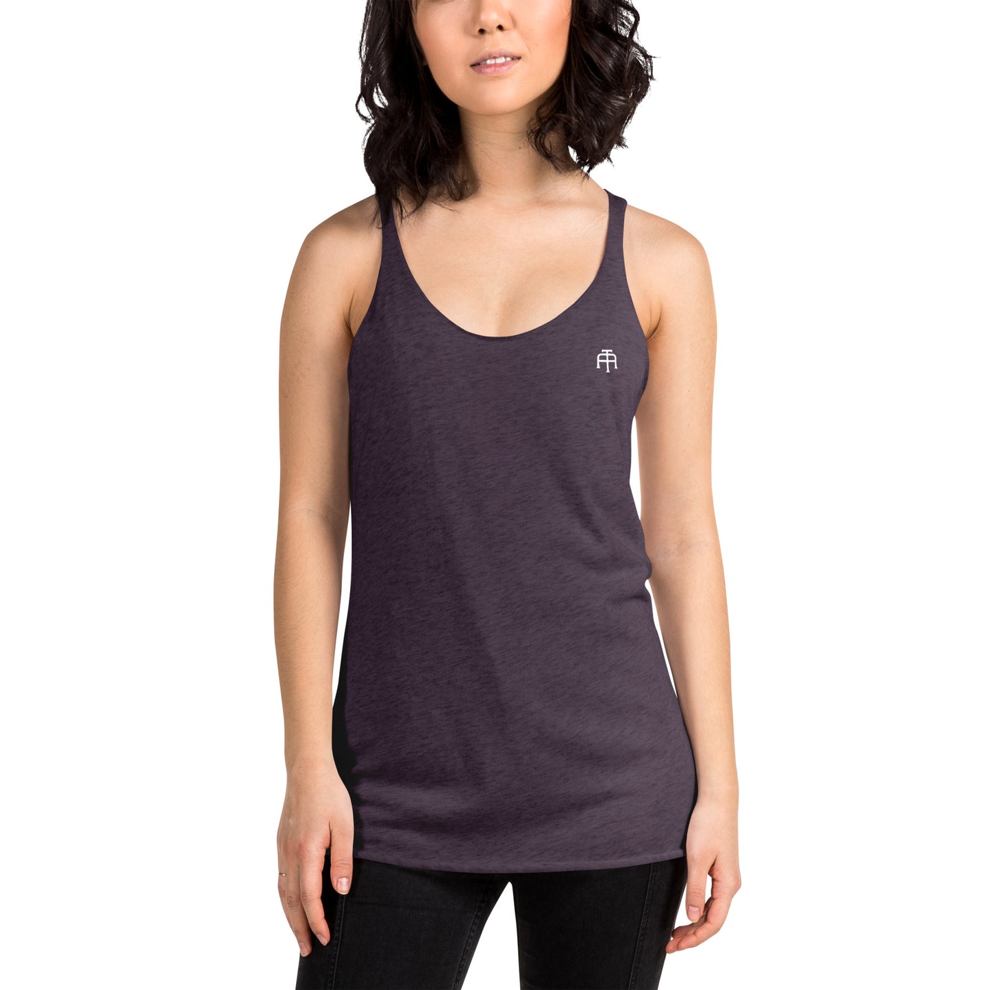 A soft, lightweight, and form-fitting racerback tank top with a flattering cut made of polyester, combed ring-spun cotton, and rayon, by An Athlete Trains