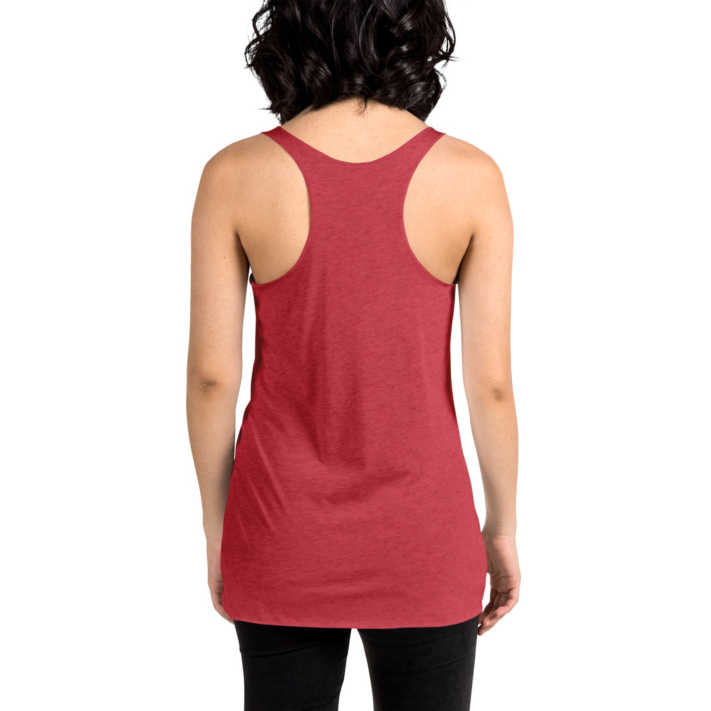 A soft, lightweight, and form-fitting racerback tank top with a flattering cut made of polyester, combed ring-spun cotton, and rayon, by An Athlete Trains