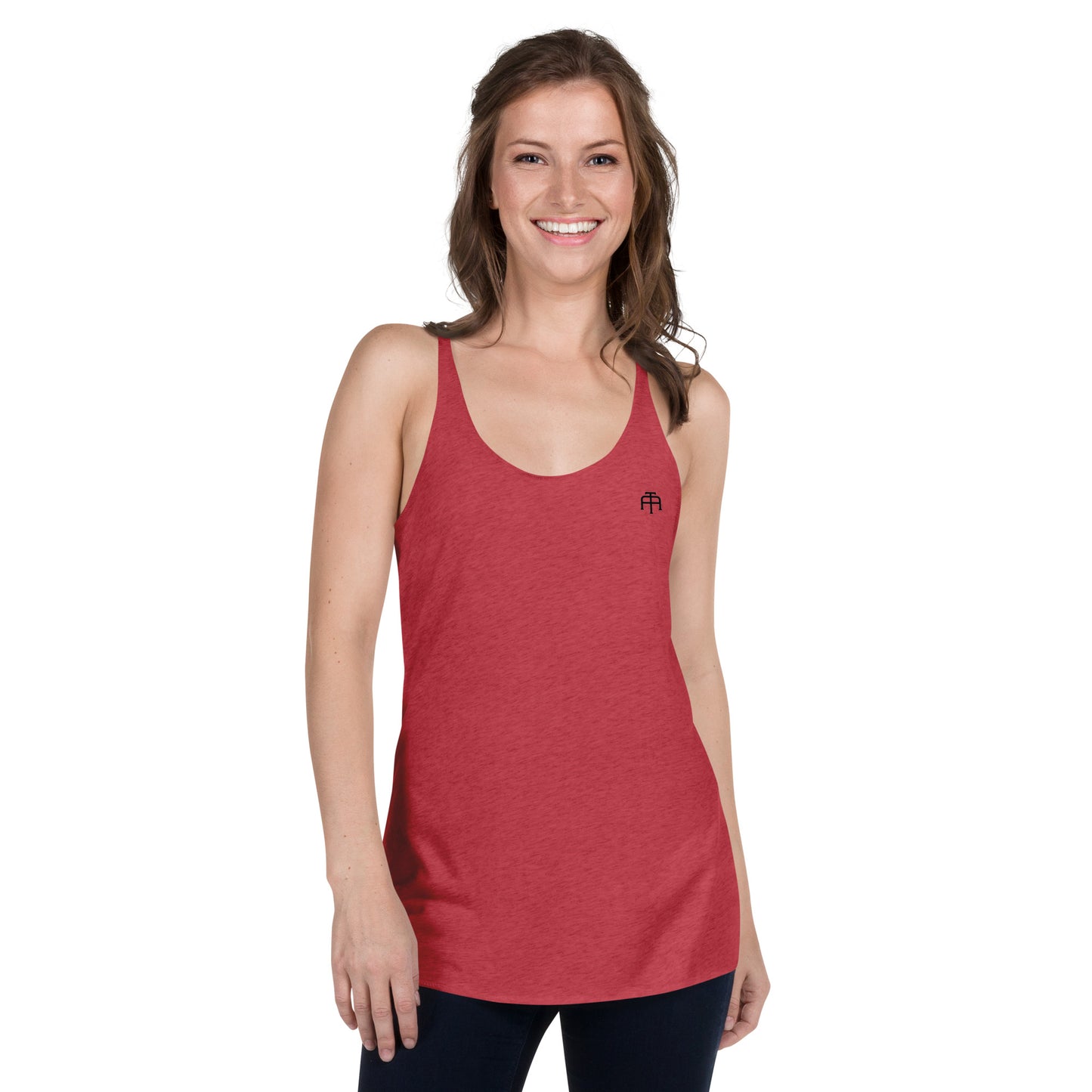 A soft, lightweight, and form-fitting tank top with a flattering cut made of polyester, combed ring-spun cotton, and rayon, by An Athlete Trains