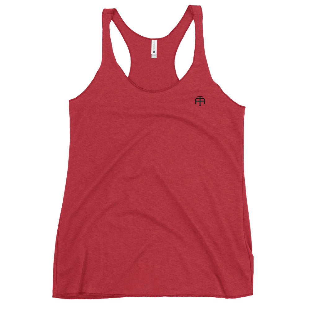 A soft, lightweight, and form-fitting vintage red racerback tank top with a flattering cut made of polyester, combed ring-spun cotton, and rayon, by An Athlete Trains