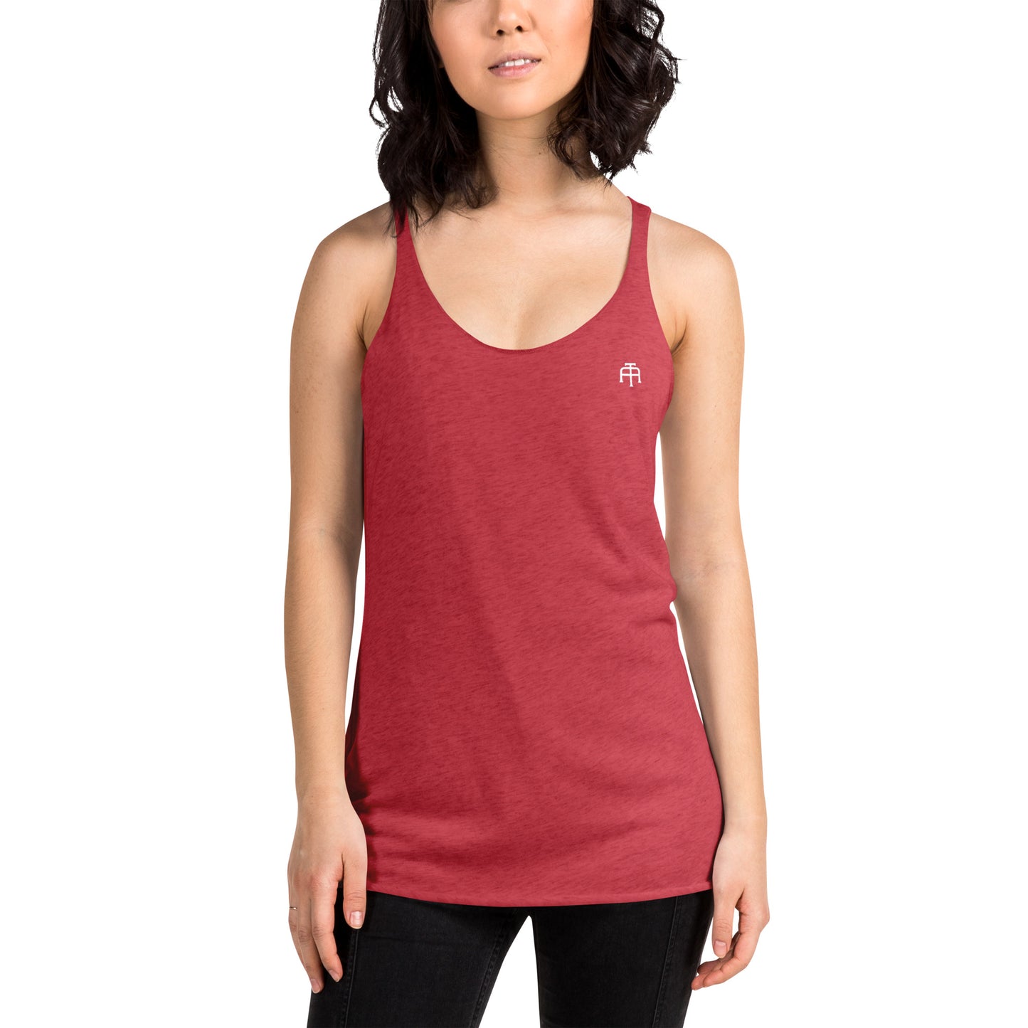 A soft, lightweight, and form-fitting racerback tank top with a flattering cut made of polyester, combed ring-spun cotton, and rayon, by An Athlete Trains