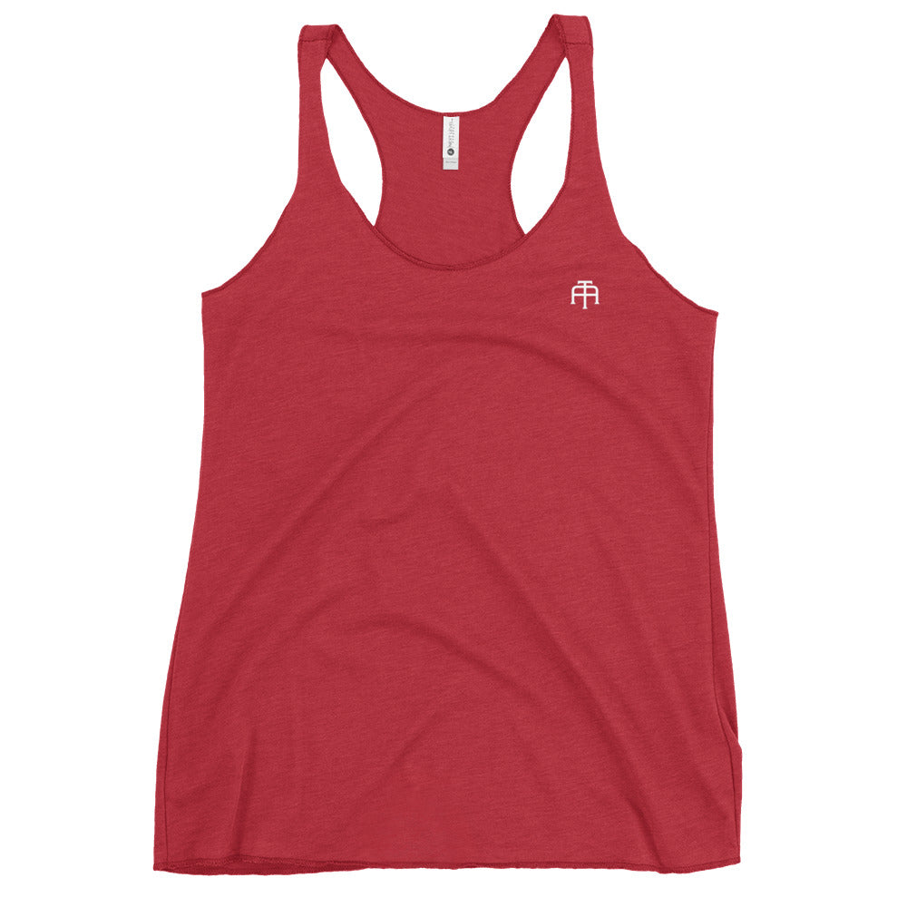 A soft, lightweight, and form-fitting vintage red racerback tank top with a flattering cut made of polyester, combed ring-spun cotton, and rayon, by An Athlete Trains