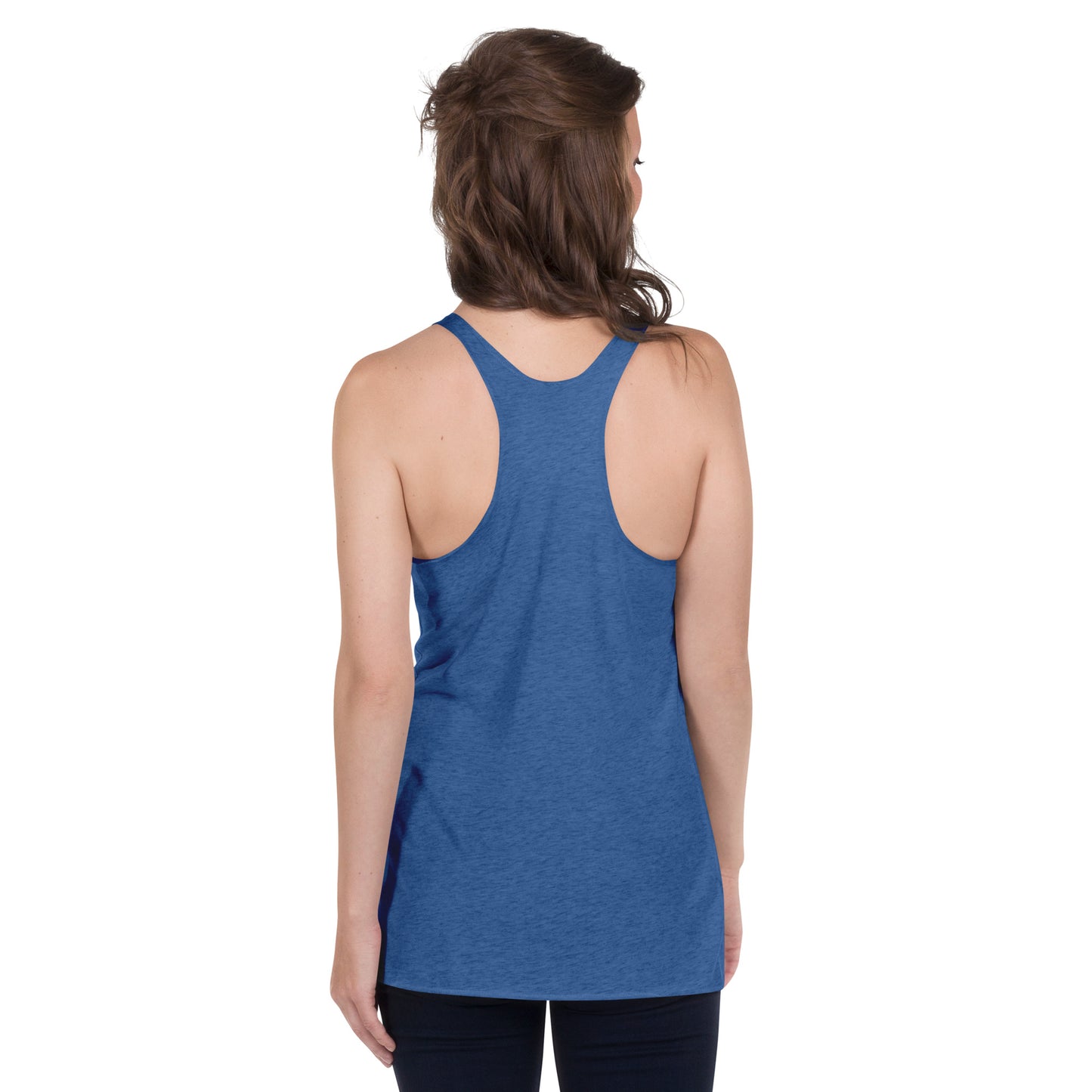 A soft, lightweight, and form-fitting racerback tank top with a flattering cut made of polyester, combed ring-spun cotton, and rayon, by An Athlete Trains