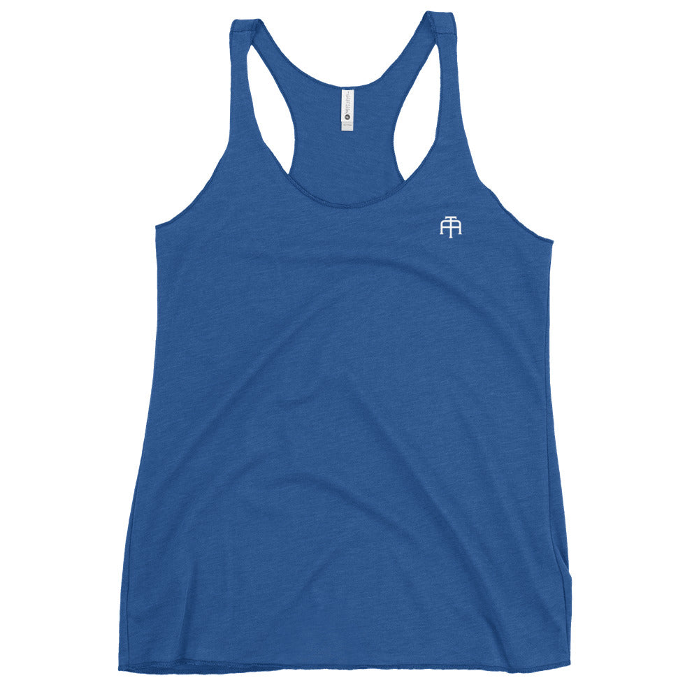 A soft, lightweight, and form-fitting royal blue racerback tank top with a flattering cut made of polyester, combed ring-spun cotton, and rayon, by An Athlete Trains