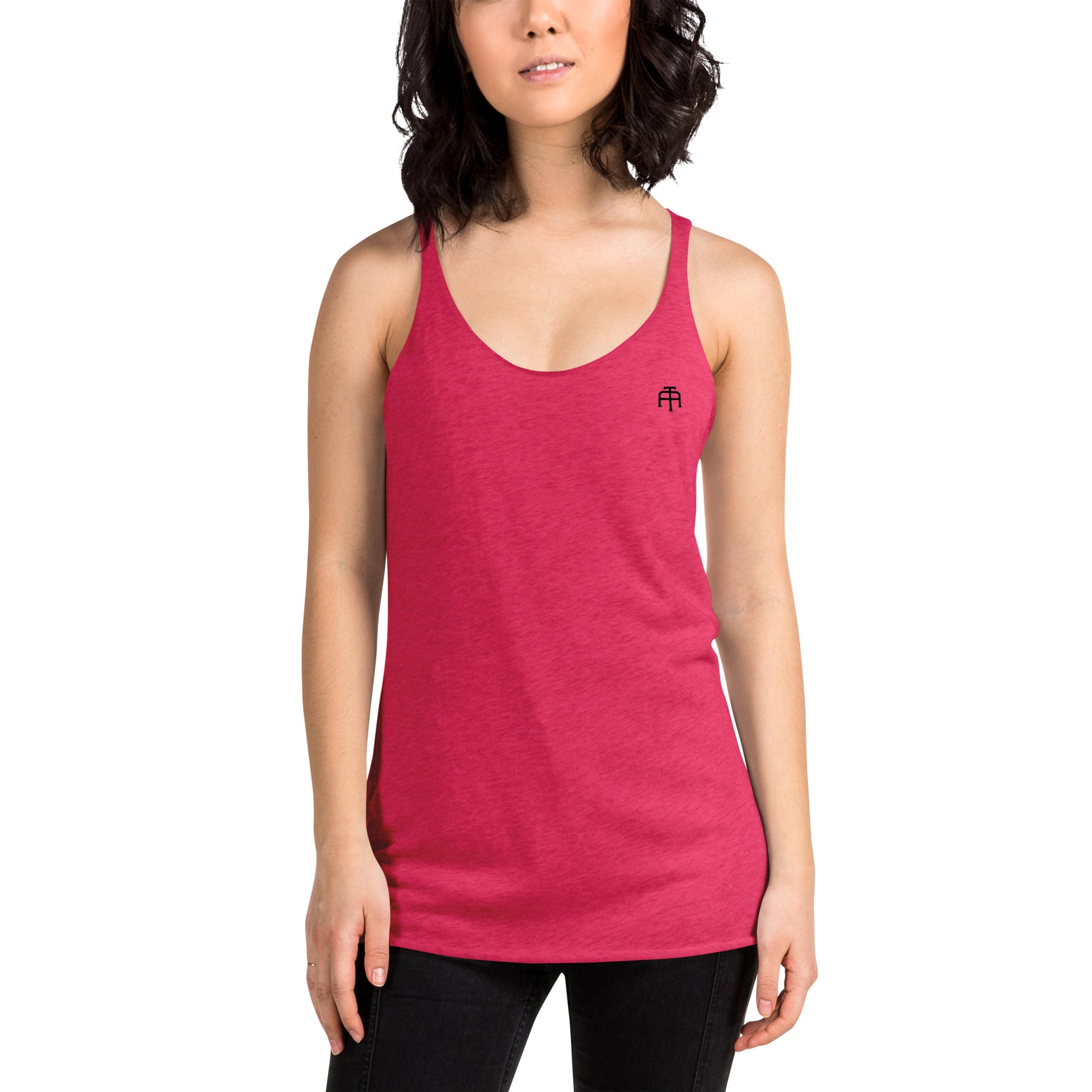 A soft, lightweight, and form-fitting tank top with a flattering cut made of polyester, combed ring-spun cotton, and rayon, by An Athlete Trains