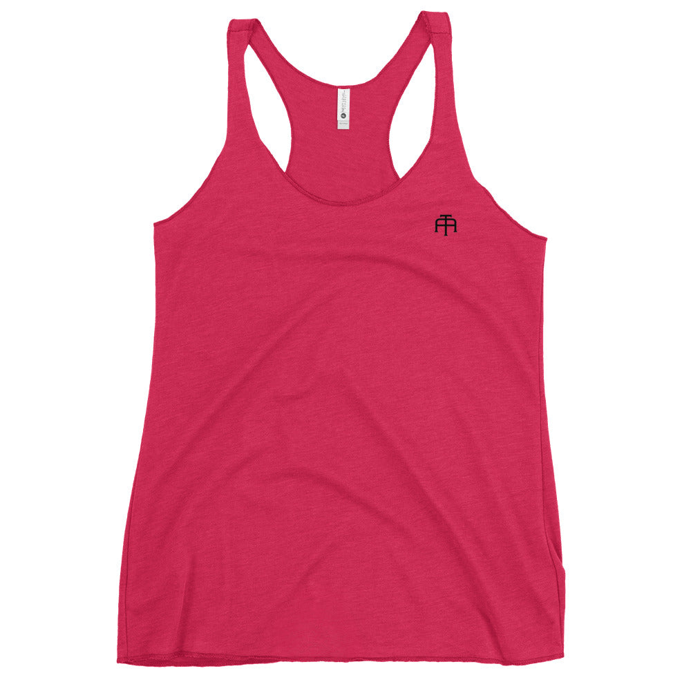 A soft, lightweight, and form-fitting shocking pink racerback tank top with a flattering cut made of polyester, combed ring-spun cotton, and rayon, by An Athlete Trains