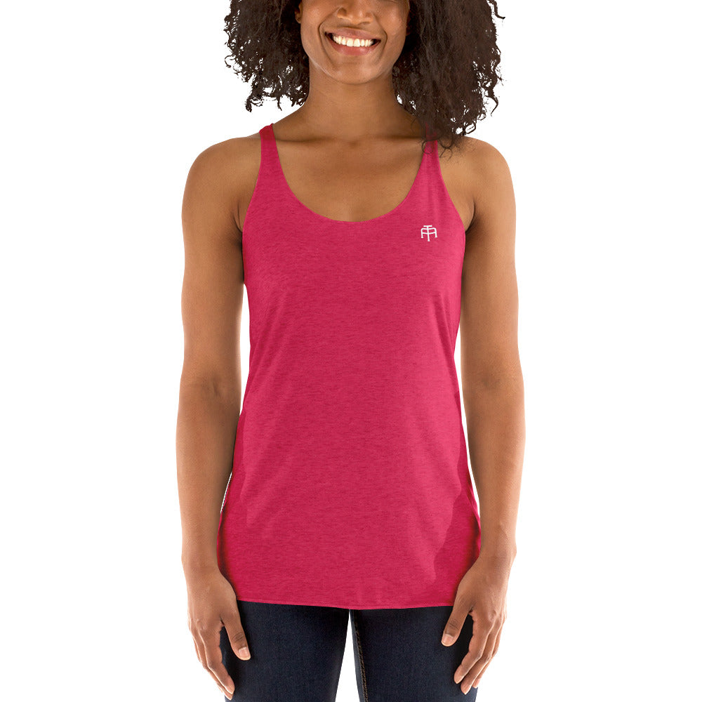 A soft, lightweight, and form-fitting racerback tank top with a flattering cut made of polyester, combed ring-spun cotton, and rayon, by An Athlete Trains