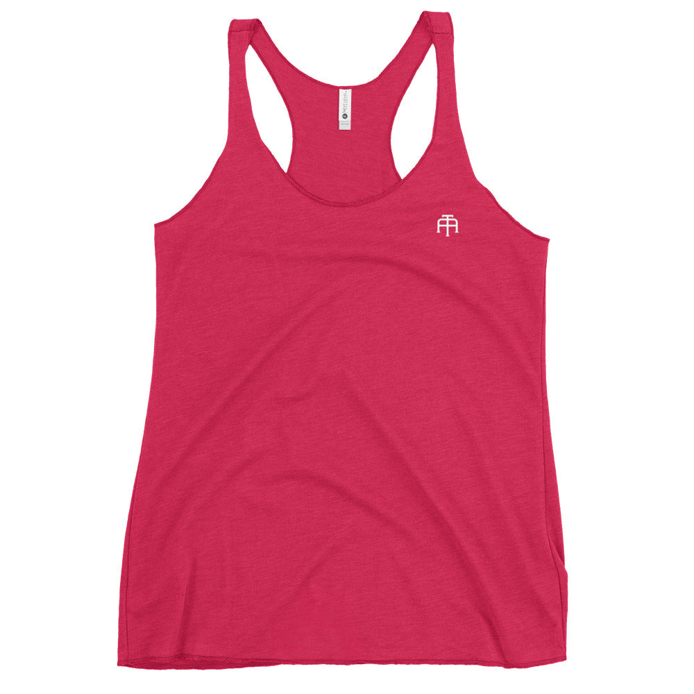 A soft, lightweight, and form-fitting shocking pink racerback tank top with a flattering cut made of polyester, combed ring-spun cotton, and rayon, by An Athlete Trains