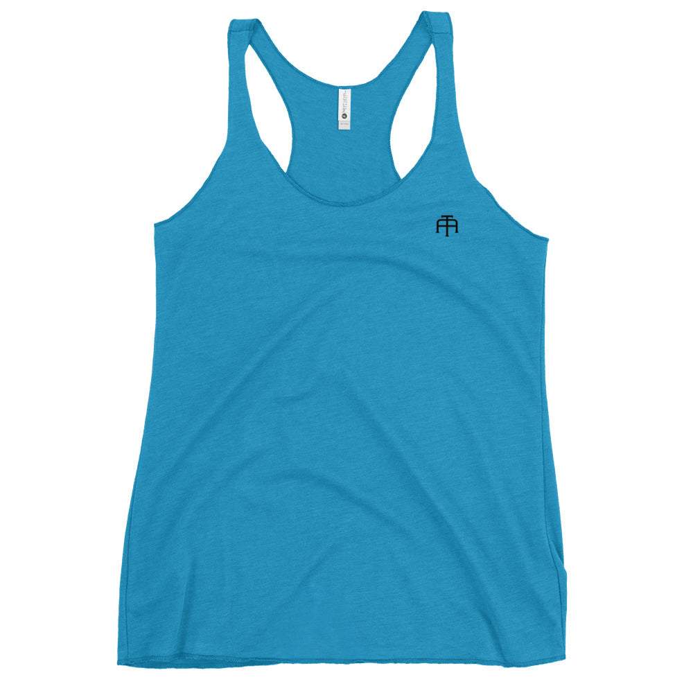 A soft, lightweight, and form-fitting turquoise racerback tank top with a flattering cut made of polyester, combed ring-spun cotton, and rayon, by An Athlete Trains