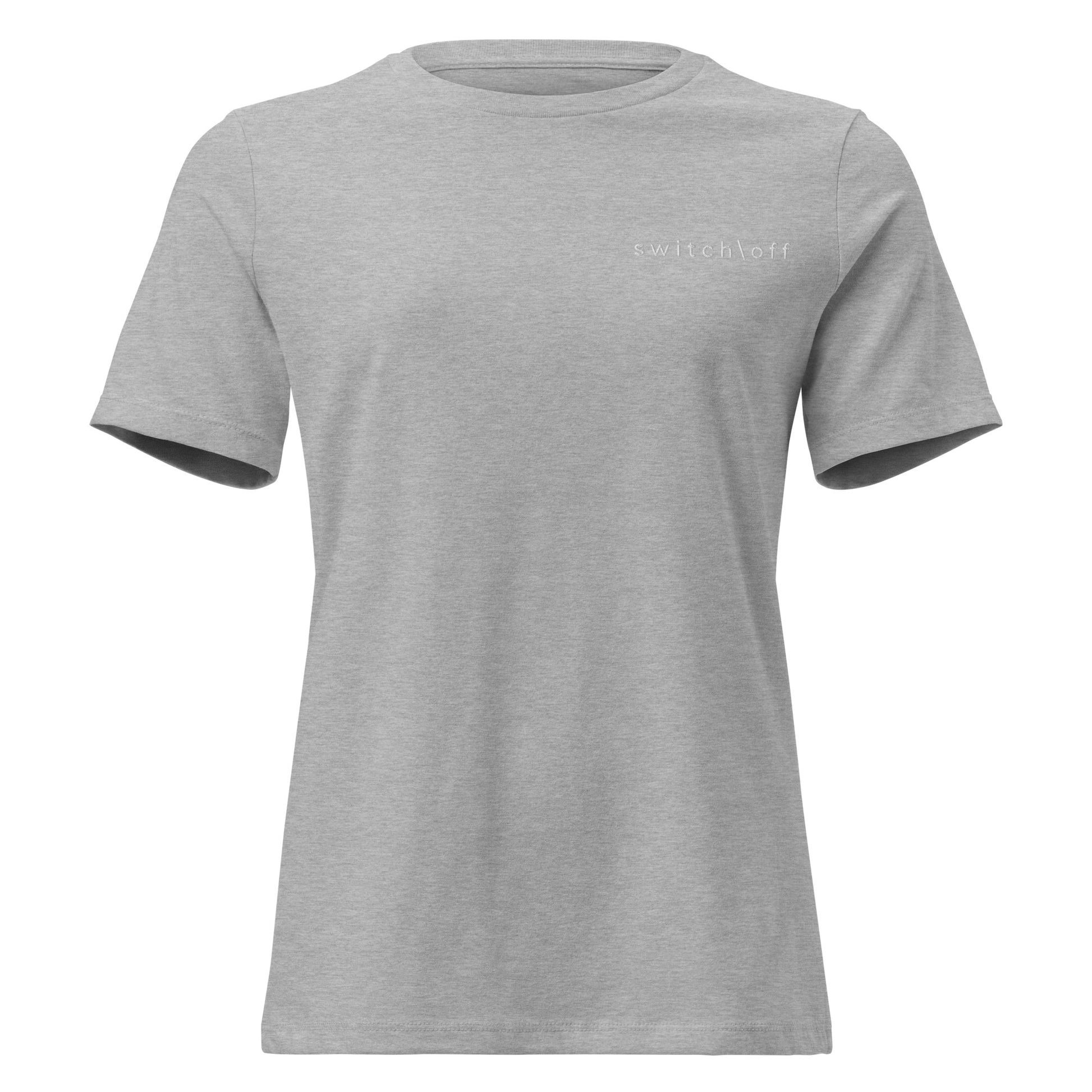 Women's Soft Relaxed 100% cotton pre-shrunk t-shirt in athletic heather gray with white switch\off embroidery - An Athlete Trains