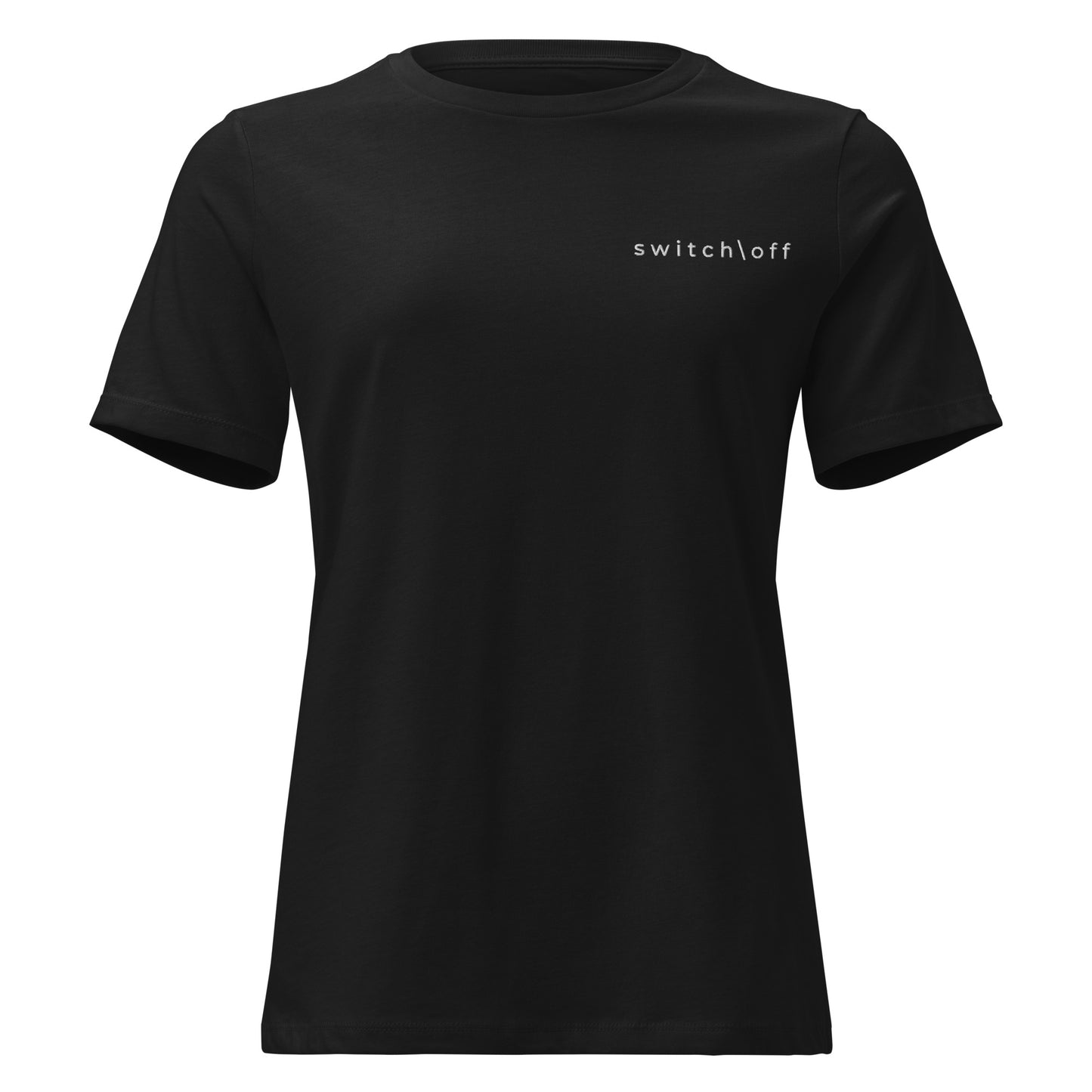 Women's Soft Relaxed 100% cotton pre-shrunk t-shirt in black with white switch\off embroidery - An Athlete Trains
