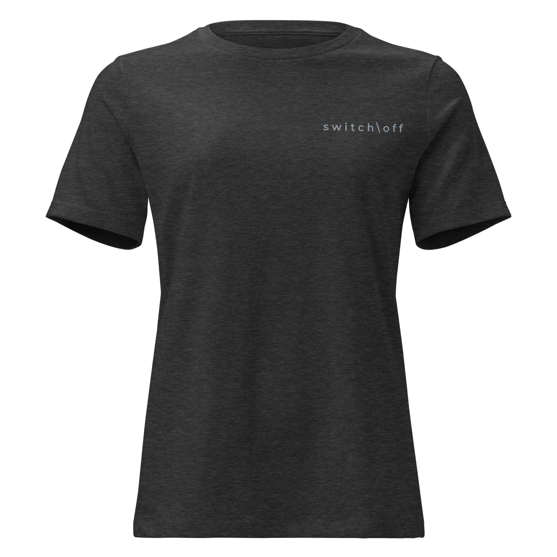 Women's Soft Relaxed 100% cotton pre-shrunk t-shirt in dark heather gray with gray switch\off embroidery - An Athlete Trains